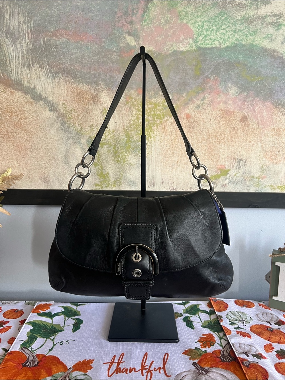 COACH Soho Black F17217 Leather Flap Shoulder Hobo Bag Black Y2K Pleated *DAMAGE